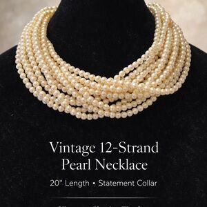 Vintage 12 Strand Pearl Necklace 20” Statement Collar Gold Tone Claw Closure